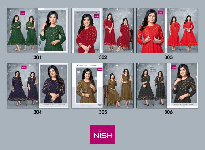 Nish Super 30 Vol 3 Rayon Fancy Party Wear Rayon Printed Designer Long Kurti With Koti Collection
